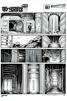 underground tech tunnel, manga page, grayscale