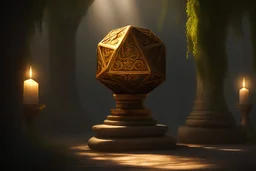 small gold d20 on a stone pedestal with harsh spotlight in an ancient vine covered temple fantasy art