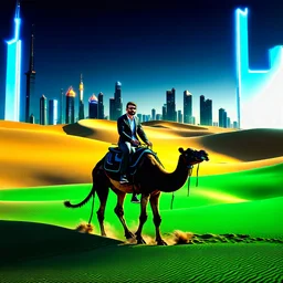 create Israeli Finance Minister Bezalel Smotrich riding a camel across golden sand dunes, futuristic Middle Eastern city skyline in the distance with sleek glass towers and neon lights, a sign reading Saudi Arabia of AI glowing behind him, cinematic lighting, ultra-realistic 8K UHD photography