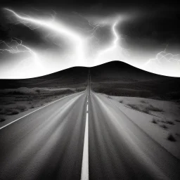 desert, storming, lightning, rain, dunes, black and white, road, landscape