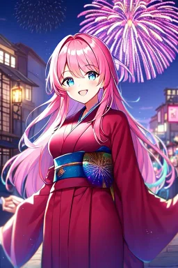 girl, masterpiece, best quality, cinematic lighting, detailed outfit, vibrant colors, perfect eyes, long hair, pink hair, blue eyes, kimono, fireworks, laughing, town,