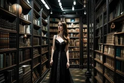 full-height shot of a woman in a tight black dress, inside a large magic book shop, shelving, lights, books, bottles, windows