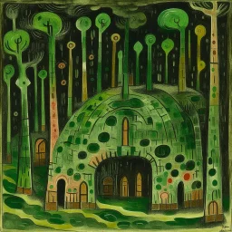 Dark green catacombs covered in slime painted by Paul Klee