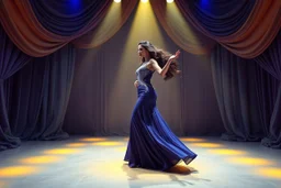 modern stage with gray-dark yellow blueish violet theme artistic decoration , color full dynamic lighting, a beautiful lady in maxi dress with shining silver jewels ,curvy long hair,dancing, 3D recursive fractal structure animating background