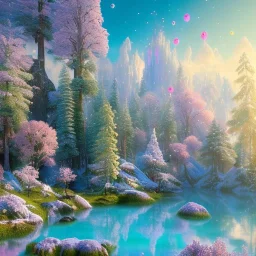 delicate landscape with multicolored crystals falling from the sky, blue lake, cascades, full of details, smooth, bright sunshine，soft light atmosphere, light effect，vaporwave colorful, concept art, smooth, extremely sharp detail, finely tuned detail, ultra high definition, 8 k, unreal engine 5, ultra sharp focus