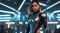 full body shot photo realistic incredibly beautiful lady "Ana de Armas", cyberpunk half dressed, appealing look gorgeous delicate athletic body, futuristic spacecraft hanger with superb appealing midriff shown, futuristic uplifting mood and motivation stunning intricate meticulously detailed science fiction them, dramatic digital illustration volumetric lighting, 250 megapixels 8K resolution, back-lit soft lights, photo-realistic arts, realistic photography