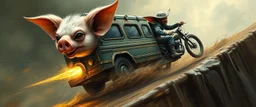 portrait of gremlin pig kobold mega blasting fast, so freaking fast, faster than a greased muscle shiny cowboy disco funk fusion fluffy man gremlin monkey pig on a runaway mud black veteran buss truck jumping over the cliff . speed and energy, painted by Rembrandt and fallout 4, straight down a muddy slide, beside an orc motorcyclist