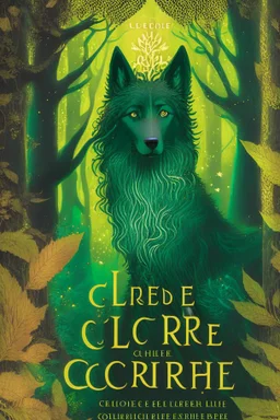 book cover, In the heart of a dense and enigmatic forest with towering ancient trees cloaked in emerald, yellow and amber foliage stands a witch possessing an ethereal allure her lustrous hair cascading in ebony waves down to her slender waist In the background a majestic canine of Belgian shepherd lineage roams its eyes illuminated by an otherworldly crimson