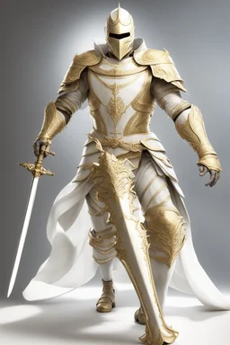 Knight wearing white and gold armor and white cape with white face mask, holding a two handed sword