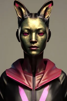 Medium Close Up Portrait, Front image. cyberpunk, rabbit mask, Asian woman, pink hair. latex tracksuit. Red, black, gold, color. Anime style. Color background, photo studio. Avatar image, highly detailed, concept art, smooth, unreal engine 5, god rays, ray tracing, RTX, lumen lighting, ultra detail, volumetric lighting, 3d, finely drawn, high definition, high resolution.