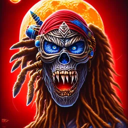 Portait Eddie mascotte iron maiden, bonnet rasta, yeux rouges, plage palmiers, nuit, lune rouge