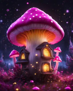 An illogically floating mushroom house on a clear night. white pink yellow, Stars Dark cosmic interstellar. Detailed Matte Painting, deep color, fantastical, intricate detail, splash screen, hyperdetailed, insane depth, concept art, 8k resolution, trending on Artstation, Unreal Engine 5, color depth, backlit, splash art, dramatic, High Quality Whimsical Fun Imaginative Bubbly, perfect composition