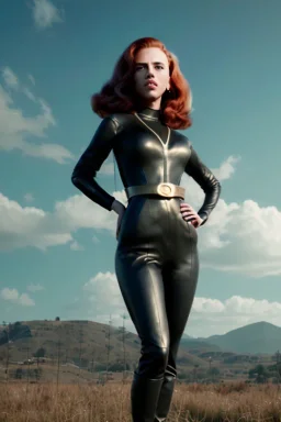 retro portrait image from 1960, sky background, wind, long red hair, fighting stance, sweet young Scarlett Johansson, black dress, classic tight lycra black suit, weapon, gold bracelet and belt, high heel boots, soft color, highly detailed, unreal engine 5, ray tracing, RTX, lumen lighting, ultra detail, volumetric lighting, 3d, finely drawn, high definition, high resolution.