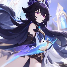 Clear focus,High resolution,Beatiful Lighting, black long fluffy hair, long fluffy bangs, purple eyes, custom genshin oc, must be wearing a short skirt, genshin impact name card