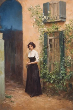 Night, one woman, house, vegetations, flowers, metal gate, dirt, alfred stevens, and anna boch paintings