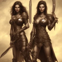 Warrior woman with medium wavy black hair, brown eyes, big breast, unclothed, glistening muscles, with a dagger in each hand.