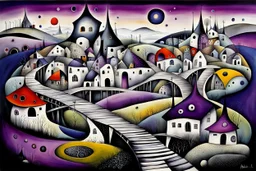 whimsical, weird ball-like houses stand in village in weird whimsical landscape with long bridges, , futur-surreal vibe with abstractions, around surreal cracked painted weird land with dark purple, gray, black, white, brown, and deep colors. style of Chagall , of Minjae Lee and Tim Burton, absurd beauty picture. weird bizarre absurd, nightmare, big neuron network background and thin bridges, surreal cinematic vibe