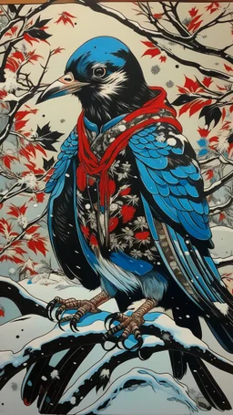 A contemporary serigraphy portrait by Kuniyoshi and Kunisada of a crow adorned in a punk leather jacket within a snowy Christmas atmosphere.