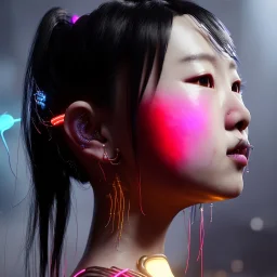 pretty asian cyber woman, cold ambient, latex, cables, purpurin, blood, black, gold, piercings, brown, decorative color feathers, circuits, neon style, a lot of led lights, fog, rain, vibrant color, highly detailed, art stations, concept art, smooth, unreal engine 5, god rays, ray tracing, RTX, lumen lighting, ultra detail, volumetric lighting, 3d, finely drawn, high definition, high resolution.