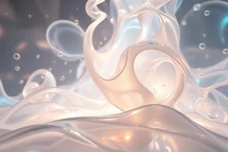 A soft, dreamy generative-art scene featuring complex hypnotic fractal structures evolving through fluid organic and geometric forms. Smooth translucent iridescent glass surfaces contain internal light and delicate bubbles, set agai