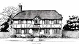 A front elevation fine-line pencil drawing of an old, dilapidated Tudor fantasy cottage.