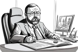 big russian man sitting at desk, portrait, speech, TV address, nametag, glasses, neck beard, short hair, mustache, suit; caricature style, sketch art; black and white; grayscale, pencil drawing