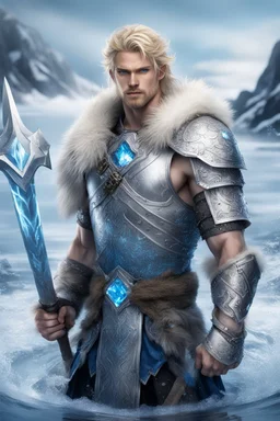 1 anime man. warrior, with blue eyes and blonde hair man in silver Viking armor with fur around the neck with blue crystal on his chest, standing in water in the artic, holding a ice axe, warrior in anime style,