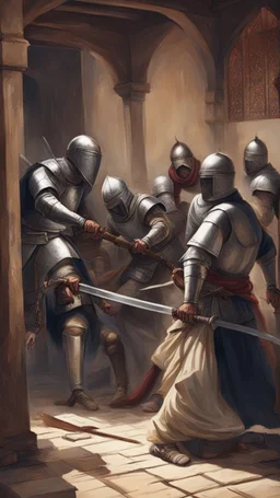 A group of Muslim knights kill a knight with a sword, inside his house