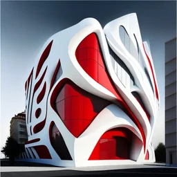 Fachada frontal edificio moderno estilo Zaha Hadid 10 metros de altura 3 apartamentos colores blanco y rojo crema detallado preciso sombras impactante obra de arte 8k