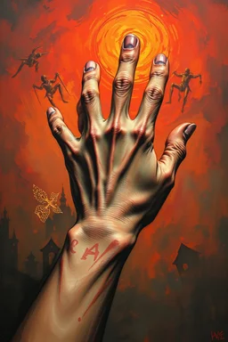 Bosch painting style nightmare hand of a on a woman hand