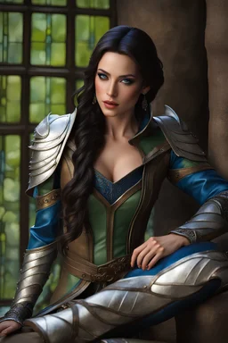 Realistic photography, realism, model figure, female half elf, attractive, dark hair, long and subtle stylish layer hair style, front view, intricate white leather armor with blue streaks, dark aristocrat pants, blue detailed plating, detailed part, brown dark eyes, green garden background behind window, dawn, full body shot, looking at viewer