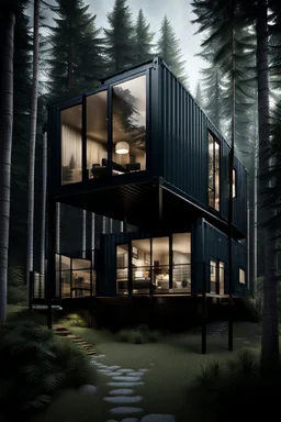 Medium-sized house in the woods made from shipping containers, photorealistic