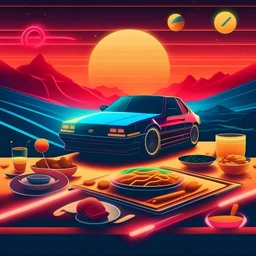 Modern album cover for a playlist created for a car journey. The playlist features an awesome mix of music from lots of different musical artists. 80s dinner style poster