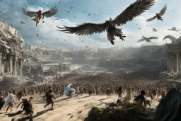 View of Elysium with winged females flying over people running away in fear