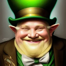 portrait of a old,fat, elf man,leprechaun, low beard,top hat,elegant gold and green suit,smiling,highly detailed, digital painting, artstation, concept art, cinematic lighting, illustration, 8k art by artgerm and greg rutkowski and alphonse mucha,Craig Mullins