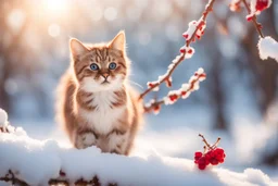 A beautiful colourful little cat catches a red berry while standing on a snowy branch in sunshine, ethereal, cinematic postprocessing, bokeh, dof