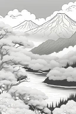 create a black and white coloring book page of - Mount Fuji - the iconic beauty of Japan's highest peak, with its distinctive conical shape and surrounding landscapes. line-art , cartoon style, no borders, crisp lines, NO SHADING / GREYSCALE, BLACK & WHITE ONLY, suitable for kids 8-12 yrs, 3d render