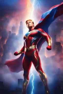 movie poster - "MAGA MAN" - Donald Trump as 'Maga Man,' Extremely Muscular, Skintight, formfitting, crimson bodysuit, blue cape, silver boots, multicolored Lightning, Multicolored vortex, neon lit futuristic cityscape, mist, fog, speed, extremely overexaggerated musculature,