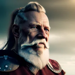 Viking theme, a younger woman sitting next to a 50-year-old man, portrait, 8K, close-up face, anatomically perfect face, Highly detailed stunning full frame portrait, misty and cloudy atmosphere