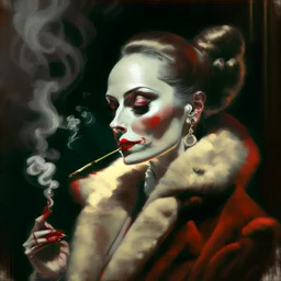 Harmony of earth, water and fireA drawing of a lady with make-up with red lipstick on her lips dressed in mink furs lighting a cigarette an English gentleman smoking a pipe Zou Zhe style, cgsociety, figurative art, chiaroscuro, outline art, flickering light