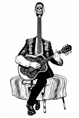 black and white graphic Old acoustic mariachi guitar day of the dead