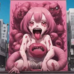 a cute creature in front of a big poster of a "Anime girl crushed inside really darkred fleshy stomach filled with digestive juices, sit pose, fullbody, serius, slobbe, Junji Ito style, pink tones, rolling eyes, tongue out, saliva drip, open mouth," cinematic, a city in the background