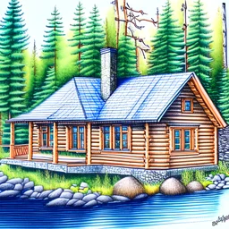 Detailed colored pencil drawing of a cabin design, clean, nice.