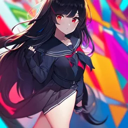 Clear focus, High resolution, long black fluffy hair, red eyes, chopped bangs, wearing a sailor uniform, wearing a sailor skirt, colorful, hollywood, female, human, mortal, thin legs, no outlines, extreme close up