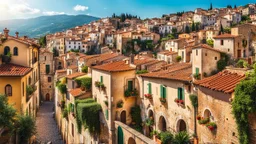 Fantastic nice sunny cityscape of an old Mediterranean town, view of tiled roofs and windows of different shapes and sizes of cozy houses, with attic and mezzanine, summer lights , authentic old Italian village with plants, harmony atmosphere, cinematic, high detailed, sharp focuses, masterpiece