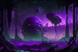 Futuristic Outpost, Alien Planet, Corrupted Forest, Dense Purple Fog, Dead Soil, Black Night Sky, Stars, Space, Distant Planets