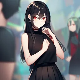 Clear focus,High resolution, black long hair, Vibrant red eyes, Emo style, Black skirt, wearing a black shirt sleeveless, Wearing black and red cutsleeves, Hand near chin