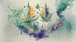 Create a visually captivating water colour sketch that represents the different stages of addiction and recovery, incorporating symbolic imagery of weed, smoke, and crushed weed.