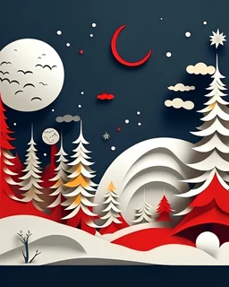 papercut craft of Christmas night, snowman in fluid red and silver, golden red ornaments and pale gift boxes, full moon, Christmas tree,