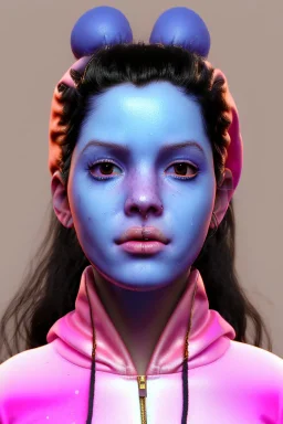 Ultra Realistic image, Rosalía artist, portrait, waist up portrait, long black eye line, sweet face, inflatable hoodie, gold pink and blue style, spray glow make up, rings piercing nose, led ornament, fog, hot, bubble latex coat, vibrant color, highly detailed, art stations, concept art, smooth, unreal engine 5, god rays, ray tracing, RTX, lumen lighting, ultra detail, volumetric lighting, 3d, finely drawn, high definition, high resolution.